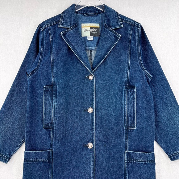 WRANGLER Vintage Denim Coat Mens Medium Blue Button Front Full Length Unisex - Picture 3 of 16
